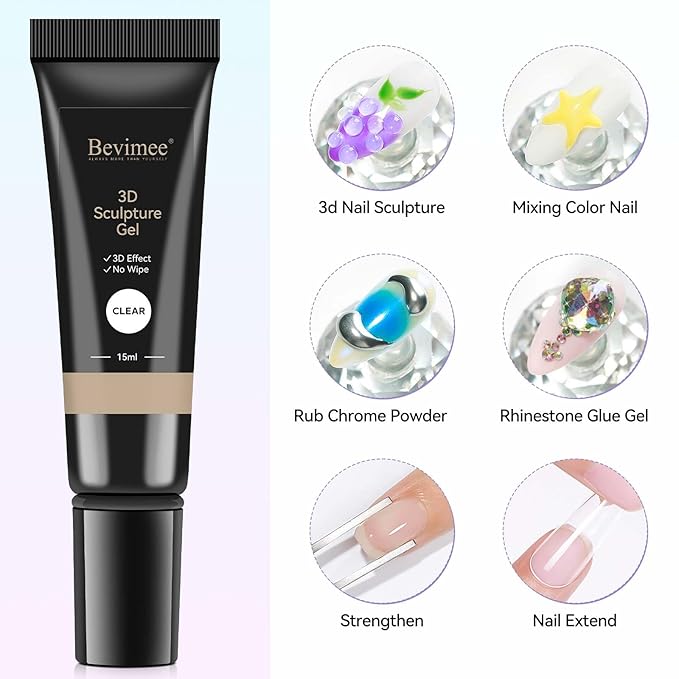 3D Nail Gel, Clear Sculpting Gel for Nail Art No Wipe Molding Gels For Nails, Easy To Sculpture Gels for 5D Nail Design, Nail Charm, Liner, Drawing, Embossing Nail Decoration DIY Manicure