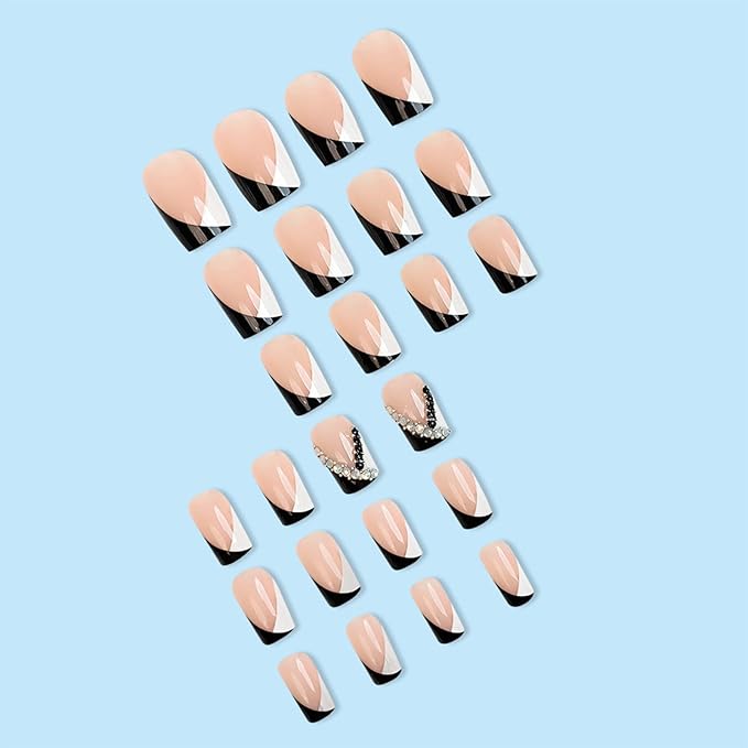 French Tip Press on Nails Medium Square Fake Nails Black White Tip False Nails with Designs Rhinestone Stick on Nail Full Cover Glossy Acrylic Artificial Nail for Women Manicure 24Pcs
