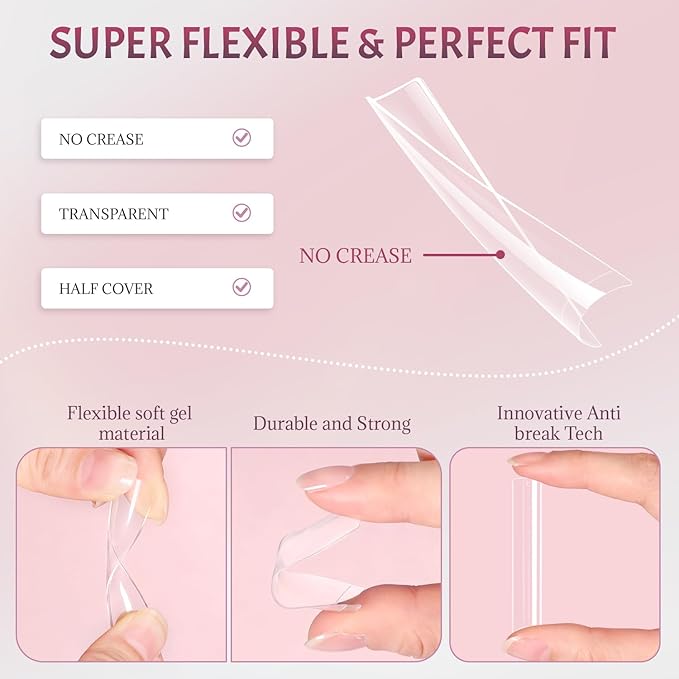 Ranrose 600PCS Clear Extra Long Nail Tips for Acrylic Nails Professional, No C Curve Gel Tips 12 Size XXXL Pre-shaped Half Cover Fake Nail for Press On Nail Extensions