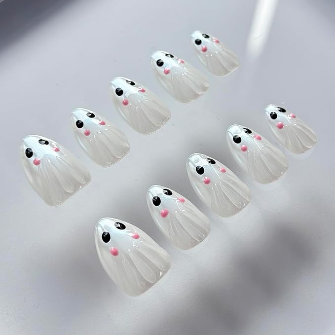 Halloween Press on Nails Short Almond Handmade Nails 3D Unique Reusable ABS Material Luxury Fake Nails Chrome Cute Little Shy Ghost False Nails with Designs Glossy Thick Acrylic Nails(S)