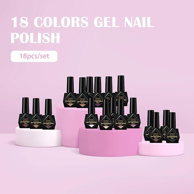Gel Nail Polish Kit- Long Lasting 18 Trendy Colors Nail Polish, Quick Dry Soak Off UV/LED Lamp Gel for Home & Salon, Women & Teens