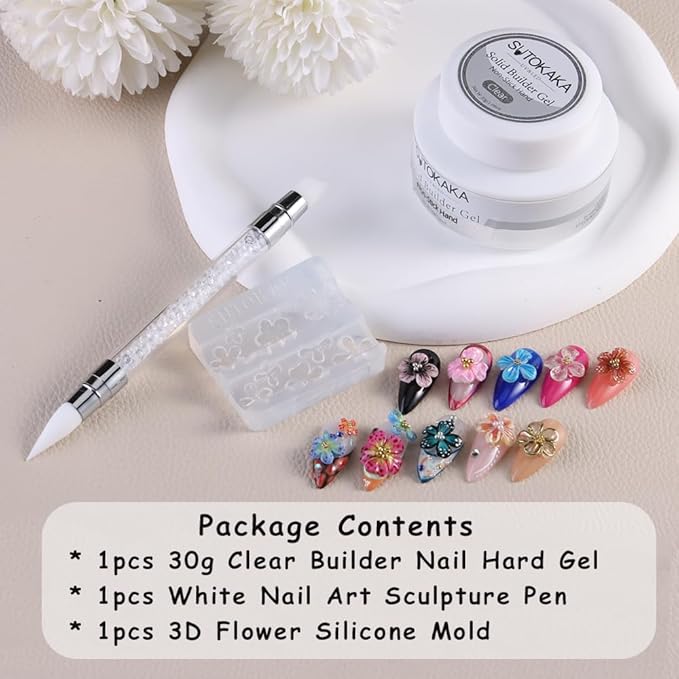 Solid Builder Nail Gel, 3D Sculpting Gel Non-Stick Hand Carving Glue Extension with Flower Silicone Mold, Sculpture Pen for Carving Patterns Decoration Nail Art Salon Home DIY