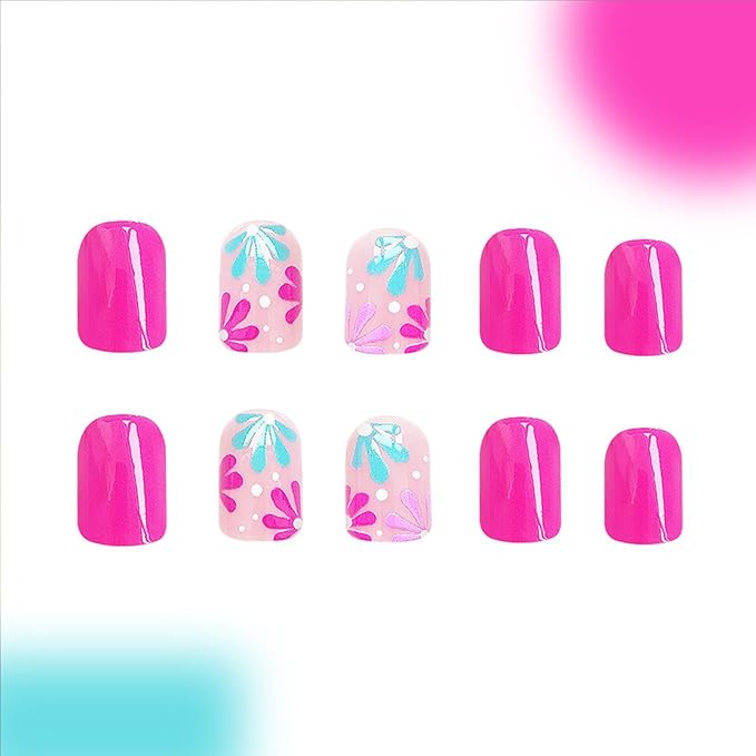 Pink Press on Nails Short Square Fake Nails Floral Acrylic Nails Press ons Spring Summer Glue on Nails Glossy False Nails with Design Reusable Stick on Nails for Women 24 Pcs