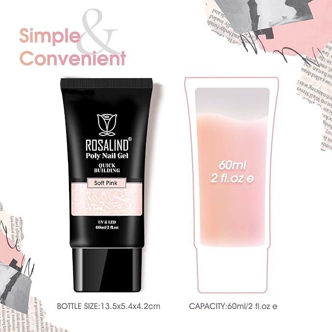 ROSALIND Pink Poly Nail Gel, 2 oz Nude Poly Extension Gel for Nail Natural Builder Pink Gel,Poly Extension Long-Lasting Enhancement