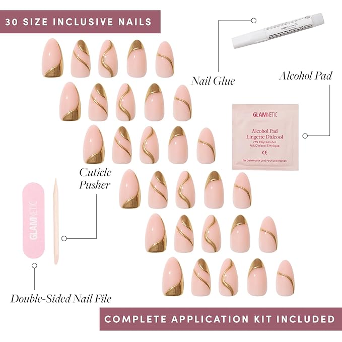 Glamnetic x GLAMZILLA Press On Nails - I AM A RICH MAN? | Short Almond Nude Fake Nails with Gold Foil, Salon Quality | 15 Sizes - 30 Nail Kit with Glue