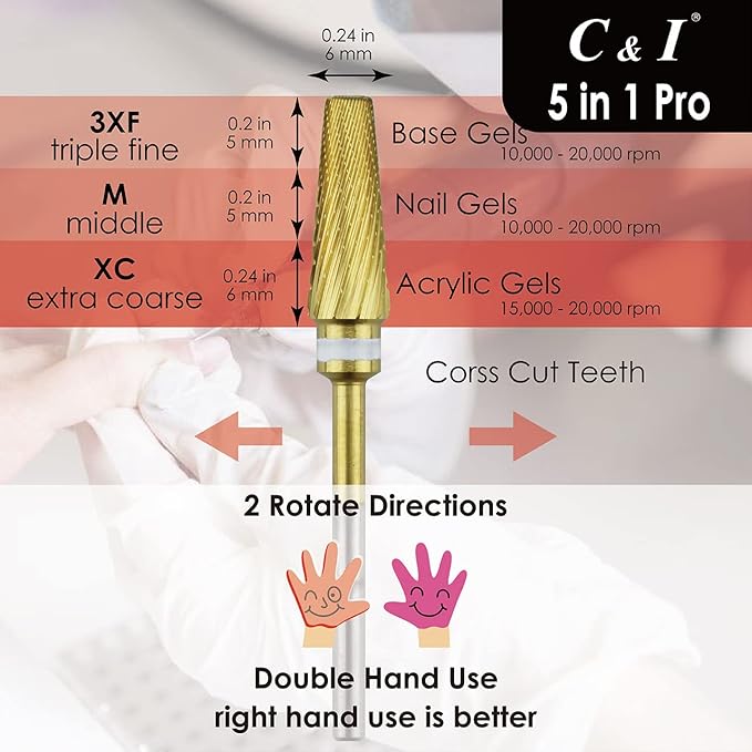 C & I 5 in 1 Nail Drill Bit, Mixed Sizes Edition, Cross Teeth, 2 Way, Professional Multi-function Nail Drills for Electric Manicure Drill Machine, Shank 3/32” (Pro)