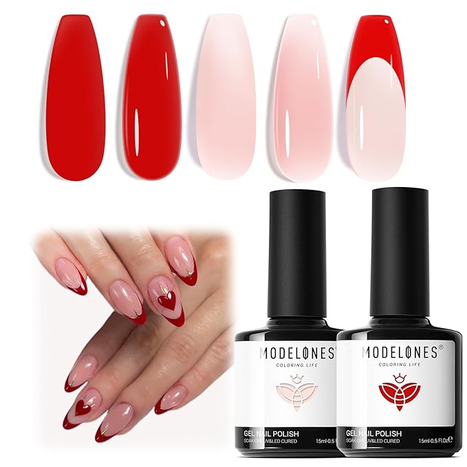 modelones Red Heart Gel Nail Polish, 2Pcs 15ML Red Jelly Nude Spring Gel Polish Set Soak Off Nail Lamp U V LED Cured for Classic French Nail Art Design Valentine's Day Gift for Women