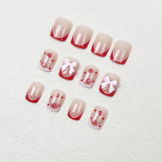 Press on Nails Short - Square Fake Nails with Strawberry Design - Red French Tip False Nails Press ons - for Women 24 Pcs