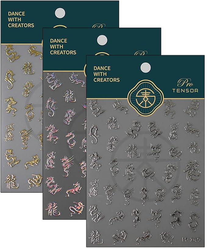 3Sheets Dragon Nail Stickers Gold Silver Laser Chinese Totem Character Acrylic Nail Decals for Halloween New Year Tattoo Design Supplies (B style)