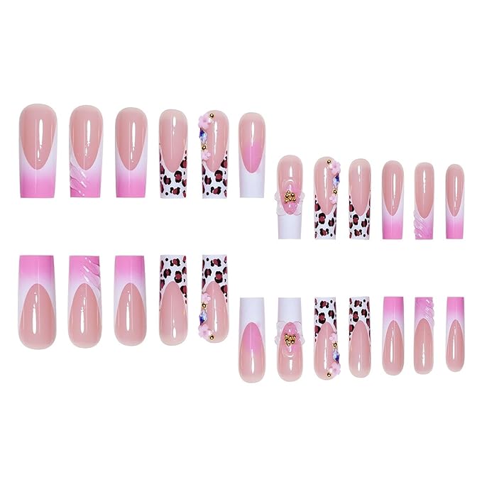 Press on Nails Coffin Long Length Acrylic Glossy Full Cover Square Shaped French False Nails with Designs Artificial Extra Long Fake Nails with Charms Glue ons Fingernails for Women(AS22)
