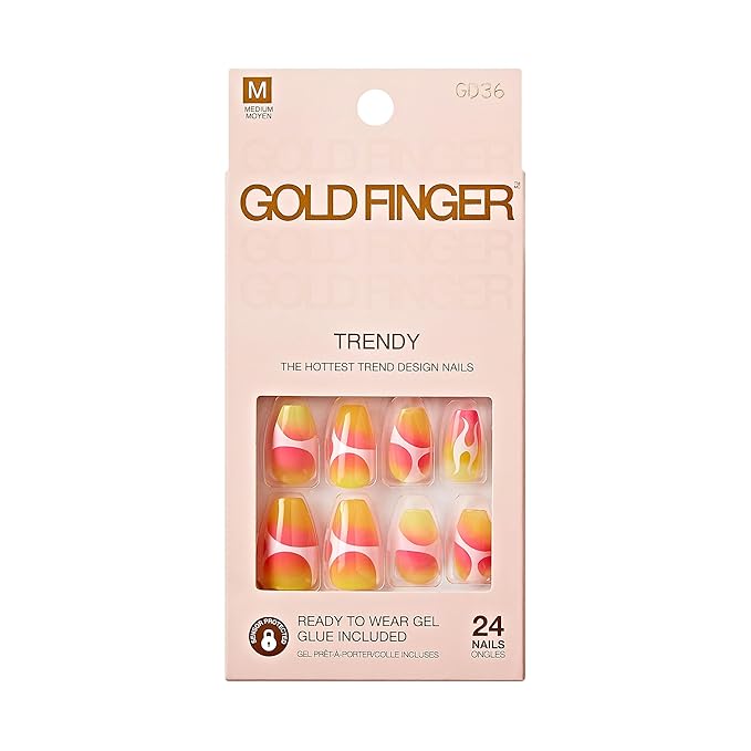 Goldfinger Trendy False Nails Kit, Long Coffin Design Nail, Playful Yellow Pink Abstract Print, Ready to Wear Gel & Manicure Stick Included, Long-Lasting Convenient & Easy to Apply