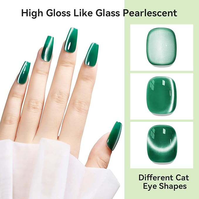 Cat Eye Gel Polish 12ML Moonlight Dark Green Glitter Magnetic Gel Nail Polish Crystal Ceramic Emerald Green Nail Art Long Lasting Soak Off Spring Summer Color