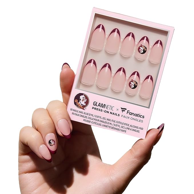 Glamnetic x Fanatics Press On Nails - Florida State Seminoles | Short Almond Fake Nails, Collegiate Seminole Red French Tips, College Nails, Salon-Quality | 15 Sizes - 30 Nail Kit with Glue