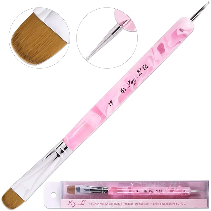 Ivy L Premium 2 Way French Gel Acrylic Nail Art Kolinsky Brush with Dotting Tool for Professional Manicure Cuticle Clean up Nail Art Design (Size # 18, Pink Marble)