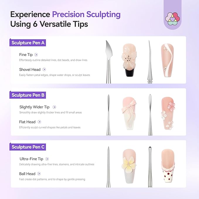 SAVILAND Nail Art Sculpture Pen: 3PCS Sculpting Nail Art Tools Solid Builder Gels Dual-Head 3D Gel Pen Nails Dotting Tool 3D Sculpting Gel Nails Art Design Tools for Salon Home DIY