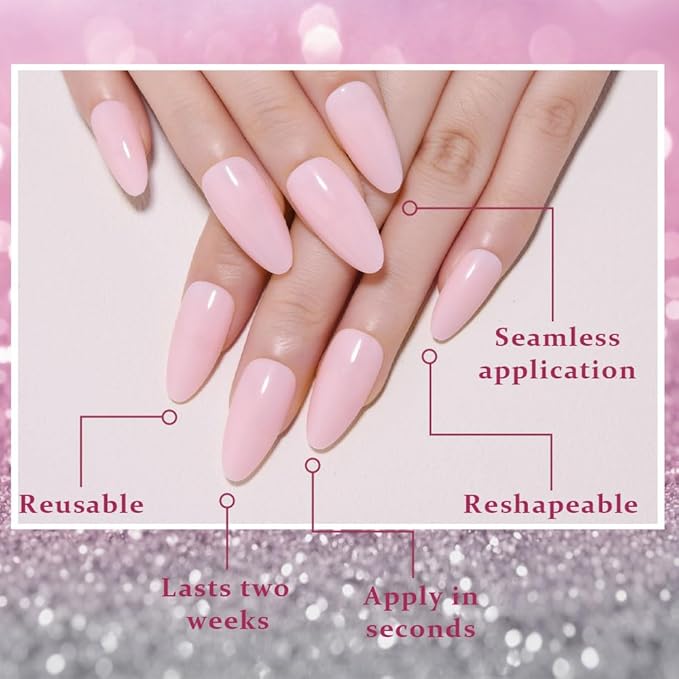 evpct Baby Pink Glossy Press on Nails Medium Almond for Women Gift, Glossy Pink Soft Gel Fake Nail Salon Quality with Nail Kit Set Kit, Full Cover Reusable Stick on Acrylic False Nails Perfectly Fit