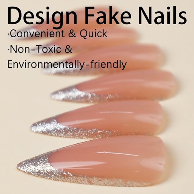 Silver French Tips Fake Nails Long Almond Press on Nails with Sparkly Design, Glossy Glitter False Nails Gel Glue on Nails, Shine French Manicure Art Acrylic Nails Stick on Nails for Women Girls 24Pcs