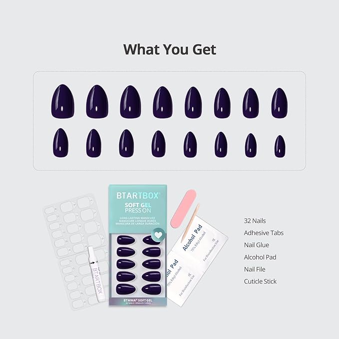 BTArtbox Press On Nails Almond - Dark Purple Short Press On Nails with Glue for Women, Opaque Soft Gel Glue On Nails in 16 Sizes - 32 Stick On Nails Kit, Storm Black