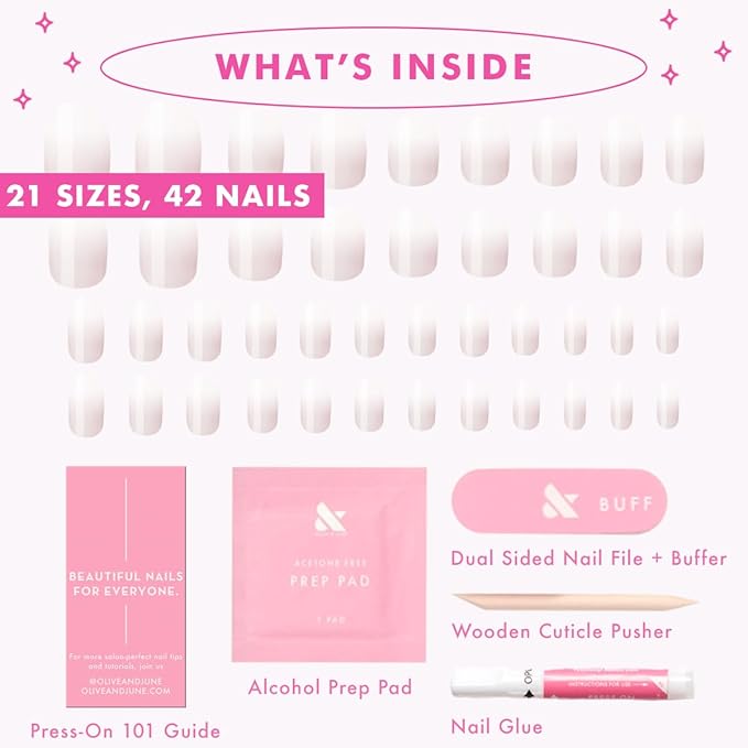 Olive & June Instant Mani Press-On Nails (Glue) | 42 Fake Nails, 21 Sizes | Non-Toxic, Long-Lasting Recycled Materials Realistic Look | Spring Flowers & Patterns | Short, Round | CCT Gradient