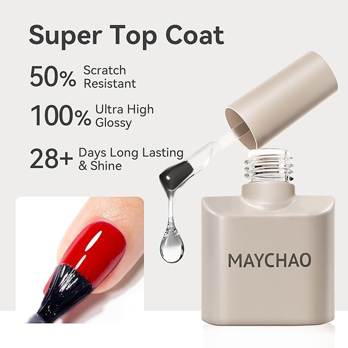 MAYCHAO 15ml 2 Pcs Glassy Gel Top Coat and Base Coat Set,No Wipe Foundation Combination for UV Light Cure Nail Polish