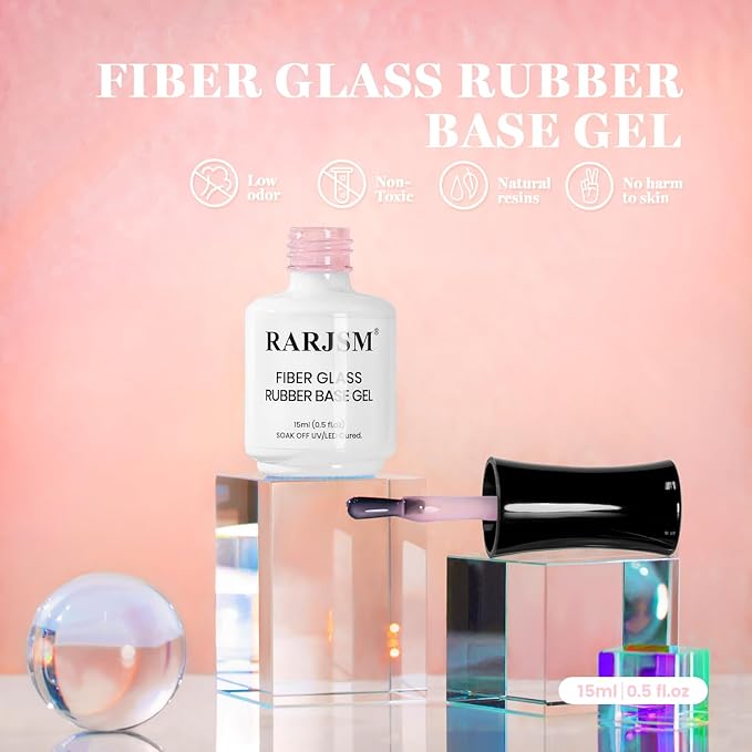 RARJSM Nude Sheer Cherry Blossom Pink Fiber Glass Rubber Base Gel Nail Polish for Repair Broken Nails StrengthenerGel Base Coat Transparent Brush on Building Gel in a Bottle Curing Requires 15ml