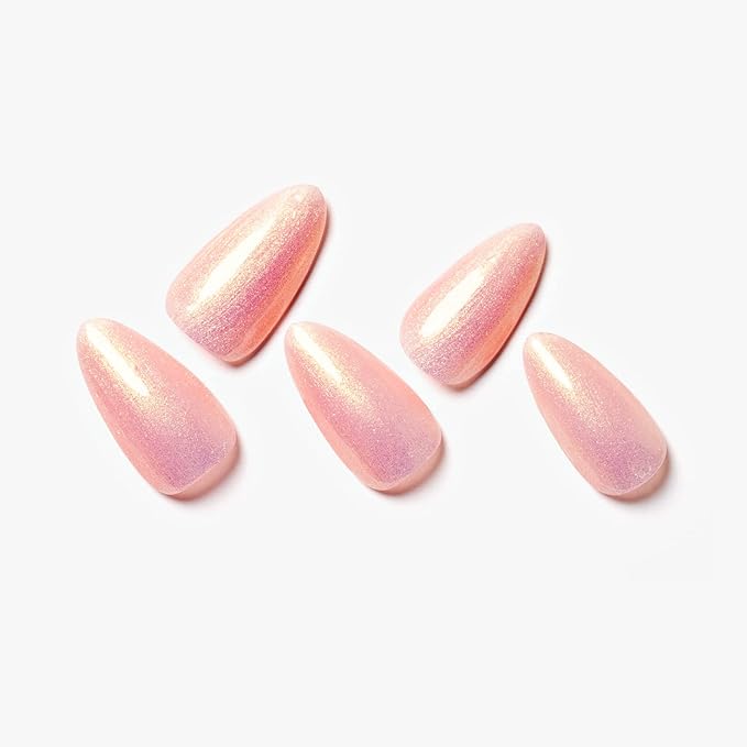 GLAMERMAID Press on Nails Medium Almond, Handmade Glossy Gel Nude Pink Golden Glitter Galaxy Fake Nails Shinny Stiletto, Short Oval Pearl Shimmer Acrylic False Nail Kits Stick Glue on Nails for Women