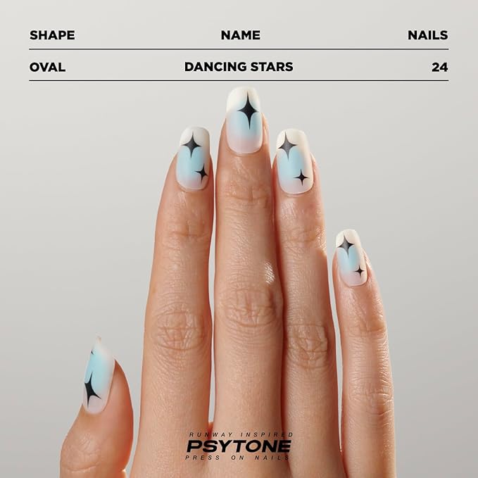PSYTONE Short Press on Blue Nails Square Fake Black Star Nails Bling Acrylic Nude False Nails for Women and Girls 30 PCS