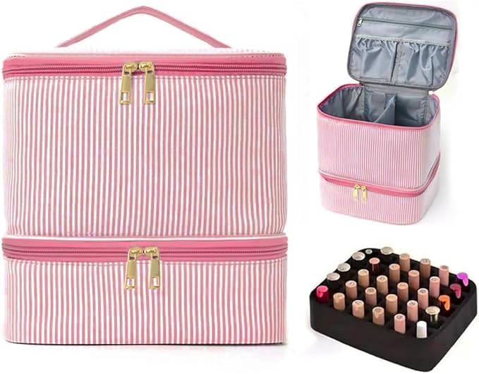 Nail Polish Organizer Aesthetic Nail Organizers and Storage, Bow Nail Supplies Kit Organizer Travel Carrying Case for Manicure Tools (Stripe Pink, 2 Layer)