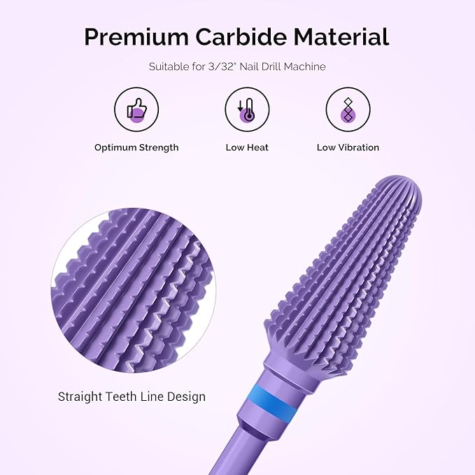 MelodySusie Professional Tornado 3/32'' Nail Drill Bits, Carbide Tungsten Multi-function Bits, Suitable for Manicure Pedicure Cuticle Gel Polishing, Salon Bits, Series Bit-X, Purple, Medium