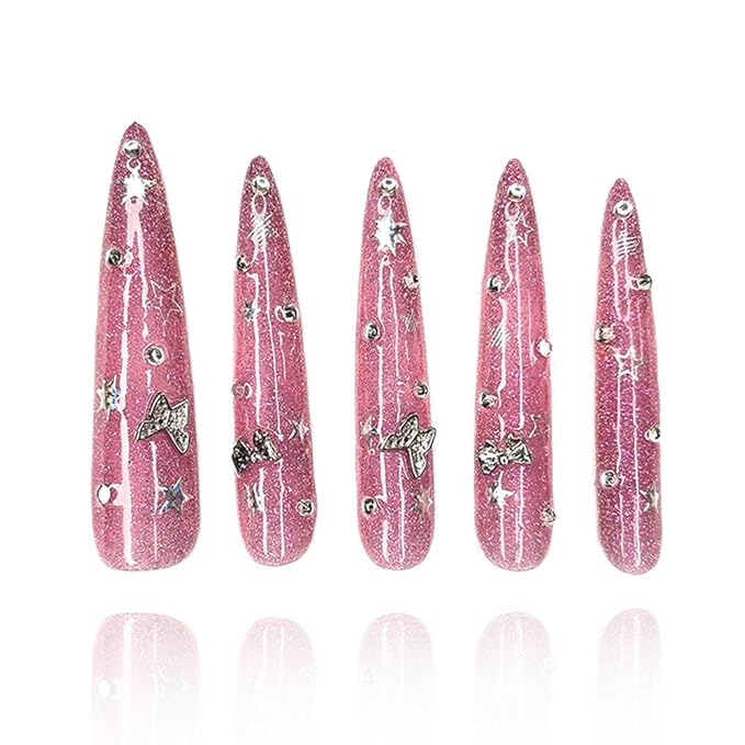 2025 Long Novel Design Reusable 100% Handmade Press-On Nails 10PCS PMMA Acrylic Nail Kit with Box Gifts for Women (Pink Mirage, Medium)