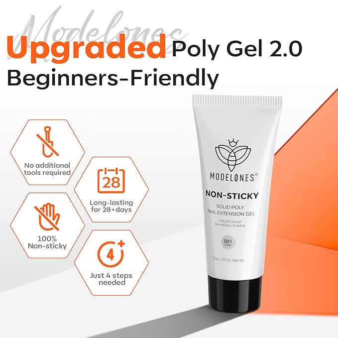 modelones Solid Builder Gel for Nails, Clear Poly Hard Gel Extension for Non-Sticky Apply Upgraded 3D Art Sculpting Molding Starter-friendly 50g