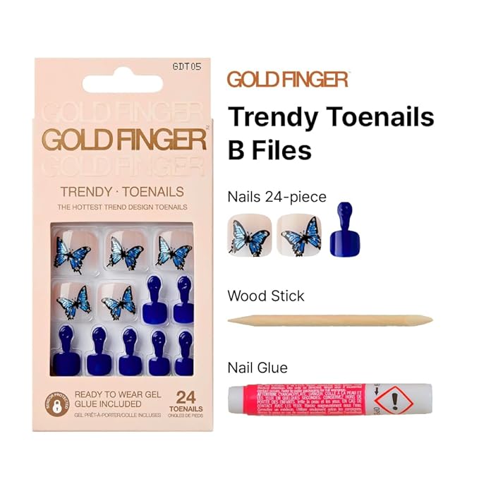 GoldFinger Trendy Press On Fake Toenail Kit, Butterfly Animal Print & Dark Blue Color, Ready to Wear Gel & Manicure Stick, Mini Glue included, Long-Lasting Convenient & Easy to Apply