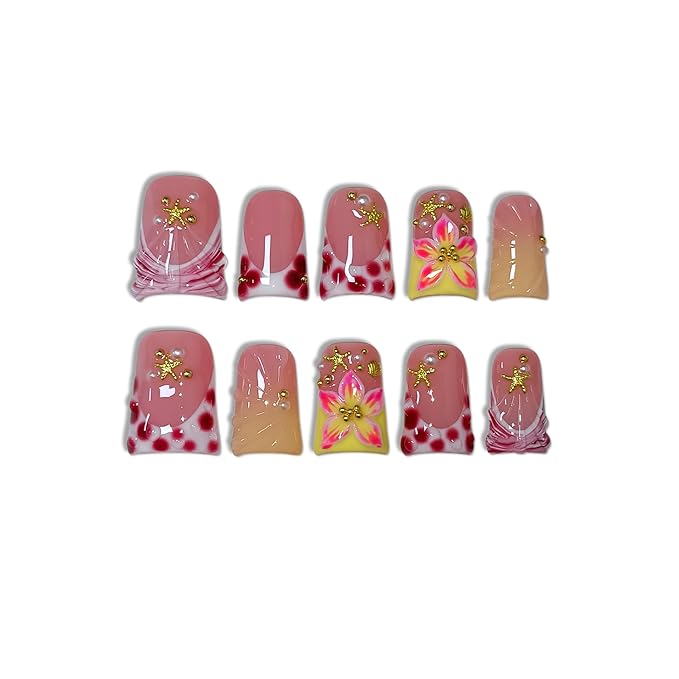 Duckbill Press on Nails Short - Burgundy French Tip Yellow Polka Dot 3D Starfish Design Ocean Theme False Nails For Women Girls- Acrylic Glossy Duck Nails for Parties, Dates, Gifts(M)