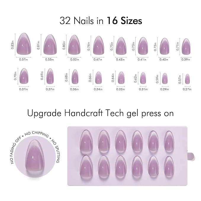 VSALON Press On Nails Short Almond, Light Purple Cat Eye French Tip Fake Nails, Semi-transparent Reusable Stick On False Nails, 32 Pcs in 16 Sizes with UV Glue Nails Kit, Valentines Gift for Women