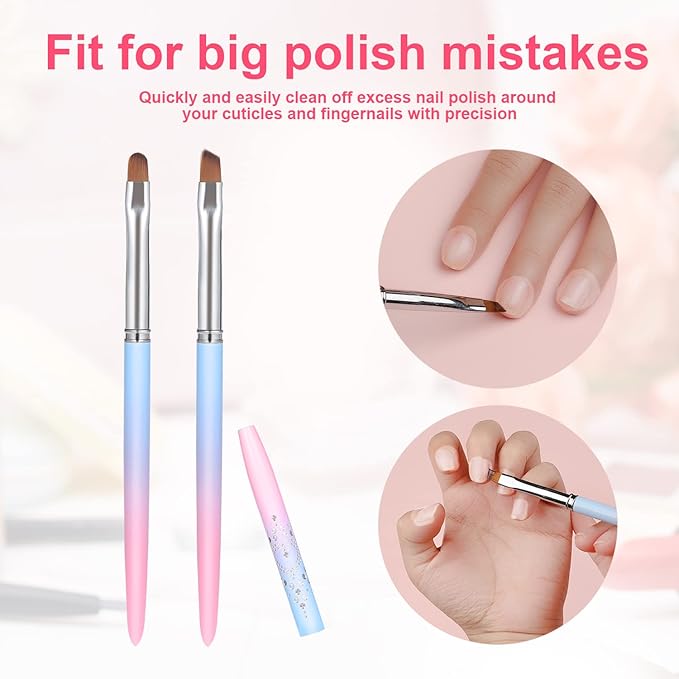 2pcs Nail Art Clean Up Brushes, Painting Brushes for Nails with Round & Angled Head Pen Painting Tools for Nail Art Design & Polish Mistake Cleaning