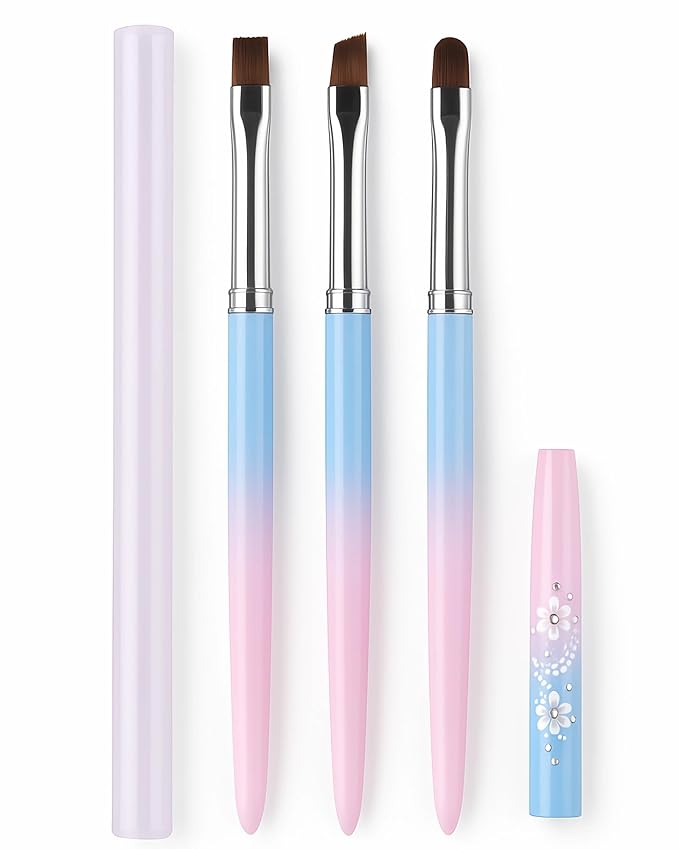 Nail Art Clean Up Brushes – 3pcs Flat, Angled & Oval Nail Brushes for Cleaning Gel Polish Mistakes on Cuticles & Fingers – Acetone-Resistant Gradient Handle Brushes for Nail Art Designs & Extensions