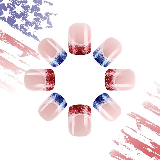 Independence Day French Tip Press on Nails Short Square Fake Nails with Blue and Red Glitter Designs Stripe French False Nails Five-Pointed Star Stick on Nails for Women 4th of July