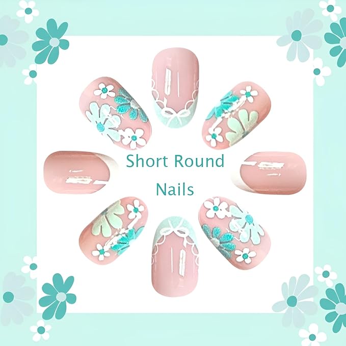 Flower Press on Nails Medium Almond Fake Nails French Tip Nails Press Ons Green Flower False Nails Glossy Full Cover Glue on Nail Summer Spring Stick on Nail for Women Decorations 24Pcs