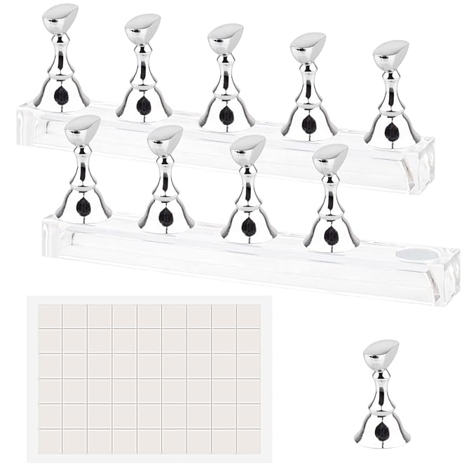 Nail Stand Acrylic Nail Art Display Stand Magnetic Nail Tips Practice Holder 54 Pcs Reusable Adhesive Putty for DIY Painting Nails Stand kit (silver)