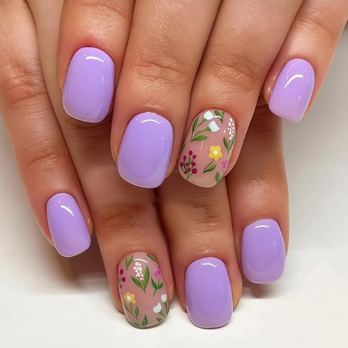 Short Press on Nails - Square Fake Nails with Flower Design - Cute, Spring, Purple False Nails Press ons - for Women 24 Pcs