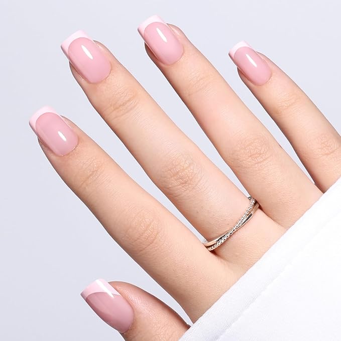 Pink French Tip Press On Nails - Pink Short Almond Fake Nails, French Tip Press On Nails Reusable Stick On Nails in 16 Sizes, 32pcs False Nail Kit for Women & Girls