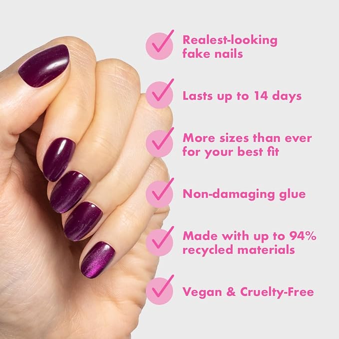 Olive & June Instant Mani Press-On Nails (Glue) | 42 Fake Nails, 21 Sizes | Non-Toxic, Long-Lasting Recycled Materials Realistic Look | Salon-Quality at Home | Extra Short, Round | Plaza Velvet