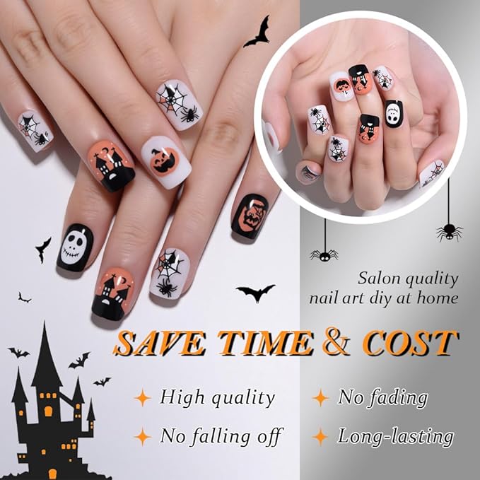 Halloween Press on Nails Petite Short Square with Horror Design, Extra Short Fake Nails Skull Face Pumpkin False Nail with Castle & Bat Designs, Full Cover Glossy Stick on Ghost Nail for Women Girls