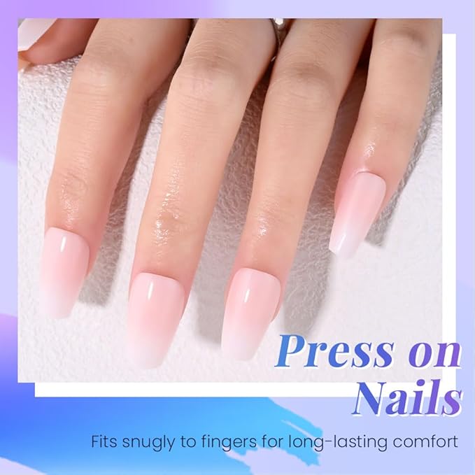 Light Nude Ombre Glossy Press on Nails Coffin Acrylic Fake Nails Stylish Design, Not Pixelated Like Digital Printing, Natural Reusable Nails Kit for Women False Nail, Salon Quality Reusable