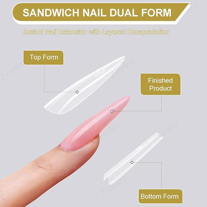 Sandwich Nails Dual Forms 240Pcs Long Almond Shape, Nail Extension Forms with 15 Sizes, Reusable Plastic Nail Mold for Builder Gel & Poly Gel, No Paper Forms Needed, Salon & Home DIY Nail Art