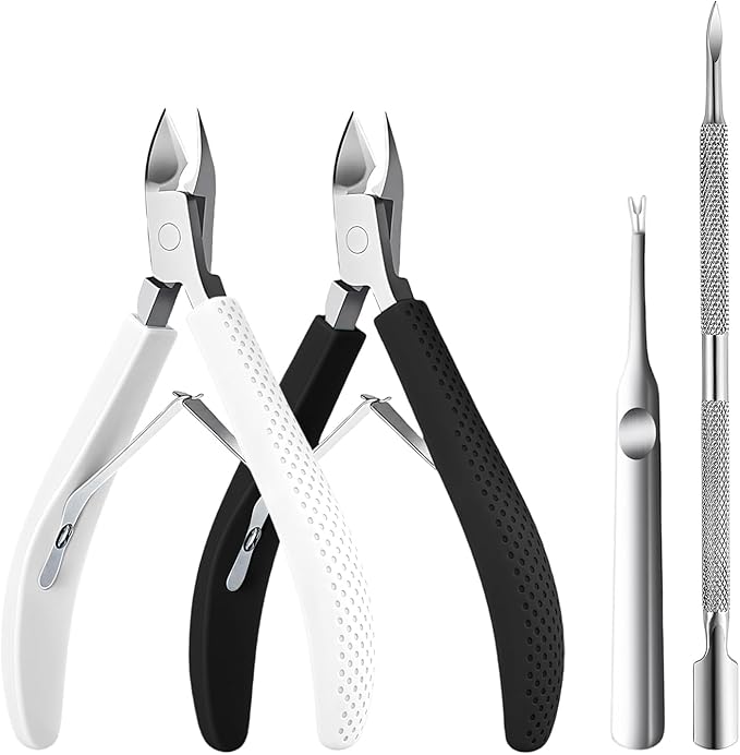Whole Set Fine Edge Cuticle Trimmer & Nippers, Silicone Handle Nail Tools for Precise Removal, Durable Washable Cuticle Cutter&Remover&Pusher Nail Clippers (White/Black+Pusher)