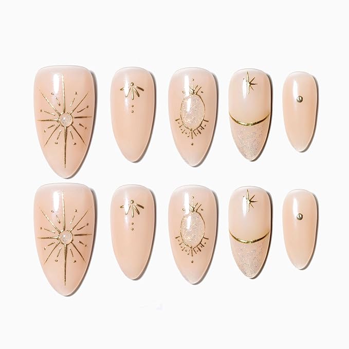 Sun&Beam Nails Handmade Press-On Medium Long Almond with Nude Color Diamond Design Charm Cute False Nail Tips 10 Pcs (#99 M)