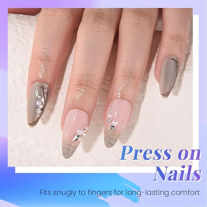 evpct Nude Pink 3D Press on Nails Short Almond with Wave Pearl Design, 3D Wave Tip Stick on Nail for Women Gift, Reusable Full Cover Soft Gel Press on Fake Nail Perfectly Fit with Diamond Design