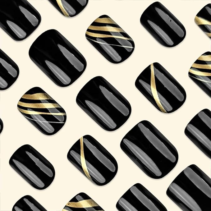 Press On Nails: Medium Square Dark Black False Nails with Gold Line Design, Glossy Full Cover Stick On Acrylic Artificial Nails for Women's Manicure, 24Pcs