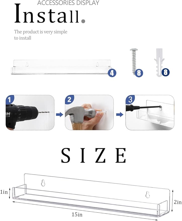 4 Pack Acrylic Nail Polish Rack Wall Mounted Shelf with Removable Anti-Slip End Inserts, Clear Nail Polish Holder Organizer Display Stand